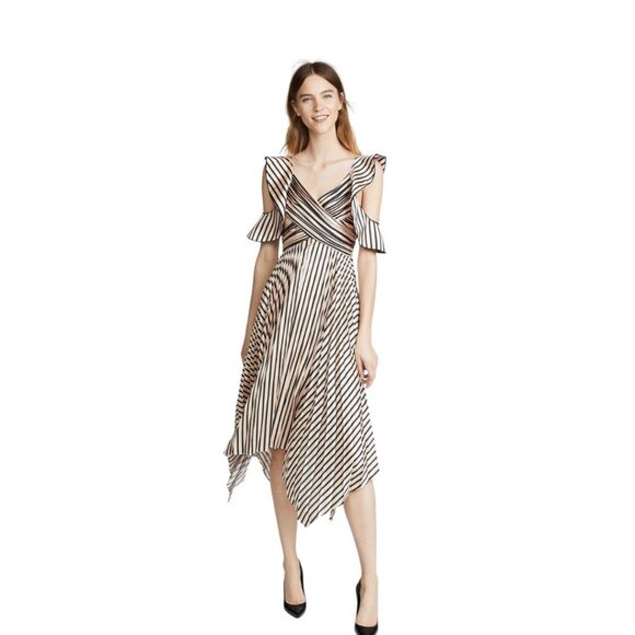 Self-Portrait Cut-Out Pleated Striped Satin Asymmetric Midi Dress US 4 UK 8